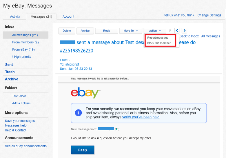 eBay Messages - report message